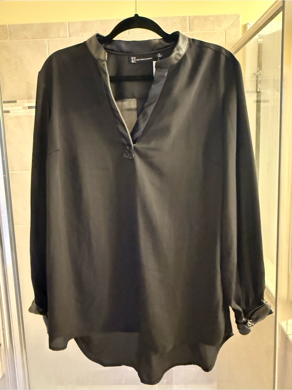 New York & Company Black Relaxed V-Neck Button-Front Shirt